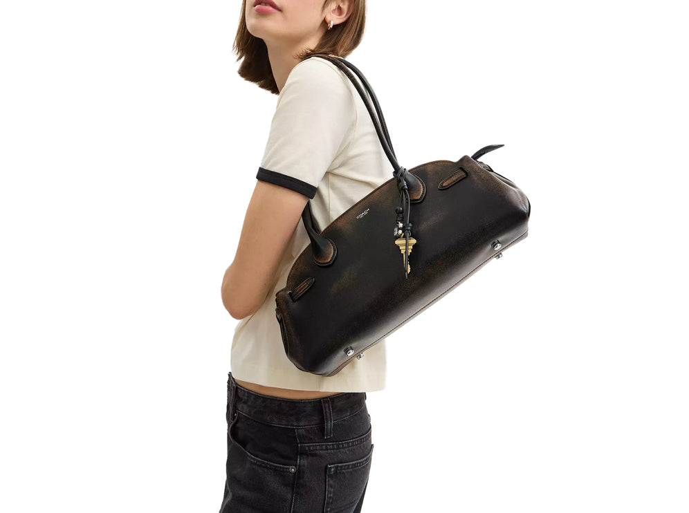 Coach Women's Empire Carryall Bag 34 In Loved Leather Silver/Black Brown