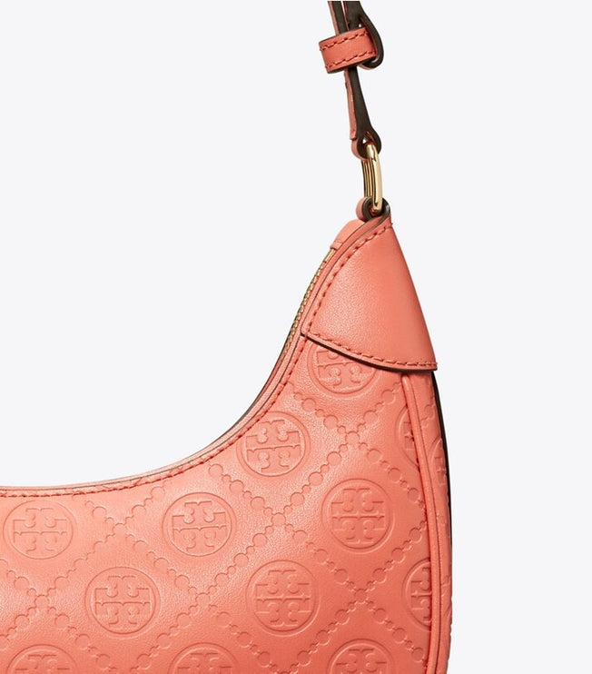 Tory Burch Women's T Monogram Leather Crescent Bag Coral Crush