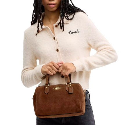 Coach Women's Rowan Satchel Bag Suede/Gold/Warm Brown