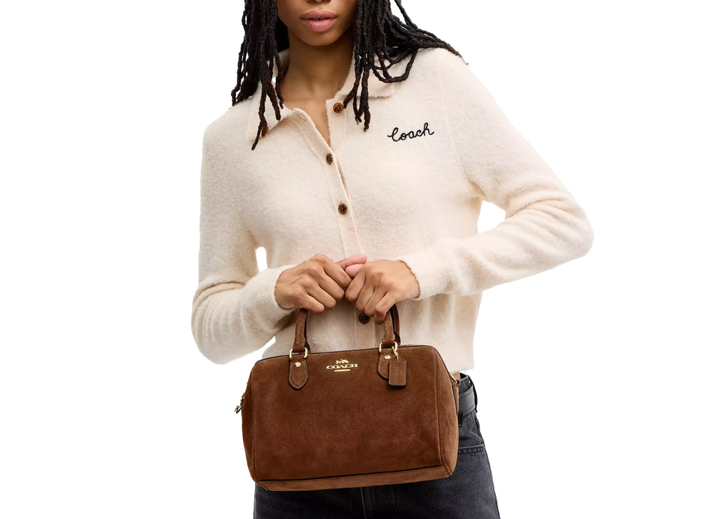 Coach Women's Rowan Satchel Bag Suede/Gold/Warm Brown
