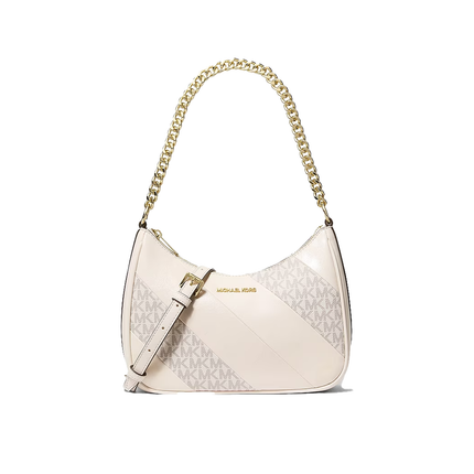 Michael Kors Women's Jet Set Travel Large Signature Logo Trim Convertible Crossbody Bag Light Cream Multi/Gold