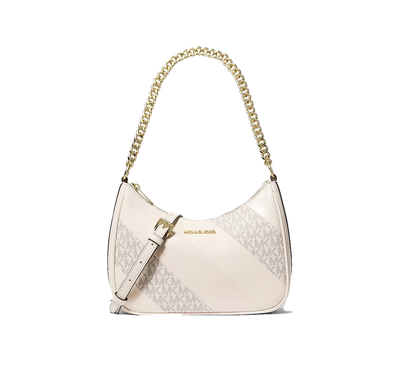 Michael Kors Women's Jet Set Travel Large Signature Logo Trim Convertible Crossbody Bag Light Cream Multi/Gold