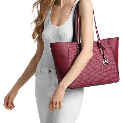 Michael Kors Women's Jet Set Travel Large 3-in-1 Signature Logo Tote Bag Maroon/Silver