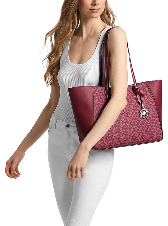 Michael Kors Women's Jet Set Travel Large 3-in-1 Signature Logo Tote Bag Maroon/Silver