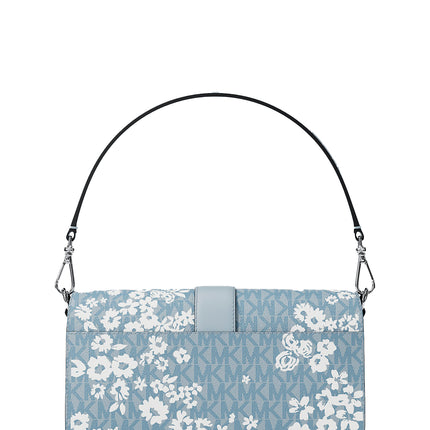 Michael Kors Women's Greenwich Medium Printed Signature Logo Convertible Shoulder Bag Pale Ocean/Silver