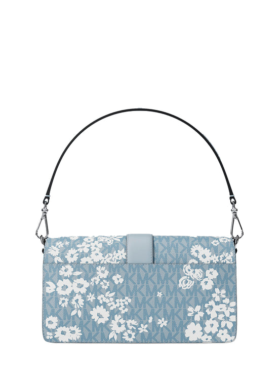 Michael Kors Women's Greenwich Medium Printed Signature Logo Convertible Shoulder Bag Pale Ocean/Silver