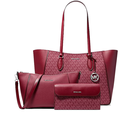 Michael Kors Women's Jet Set Travel Large 3-in-1 Signature Logo Tote Bag Maroon/Silver