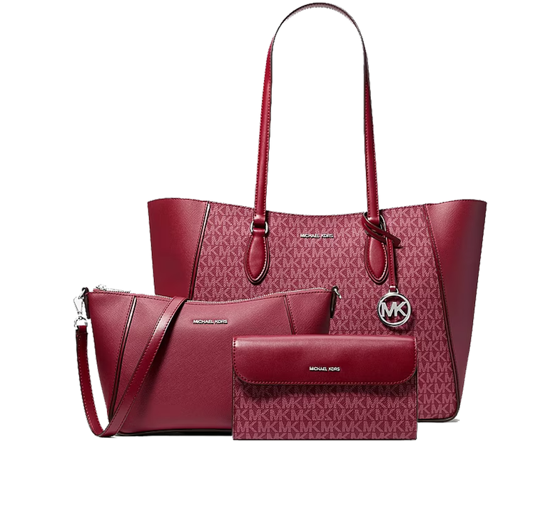 Michael Kors Women's Jet Set Travel Large 3-in-1 Signature Logo Tote Bag Maroon/Silver