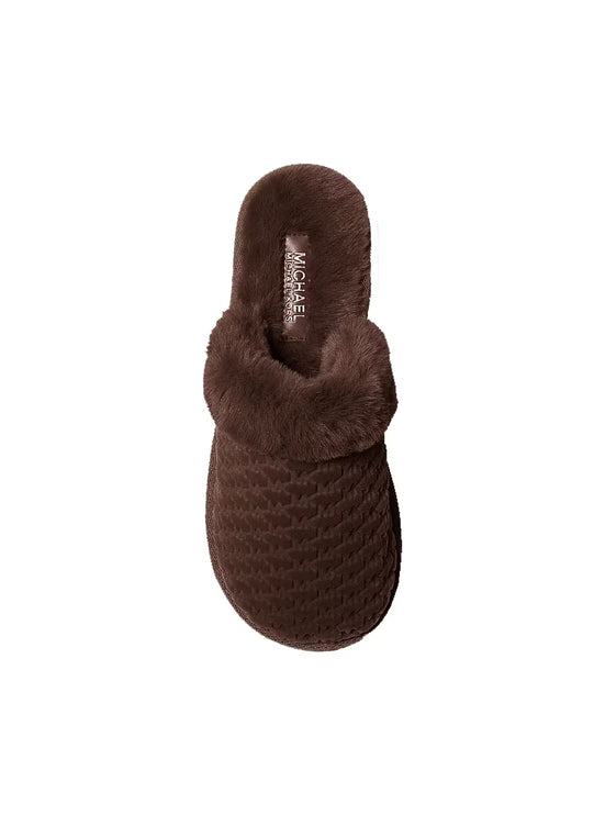 Michael Kors Women's Liddy Logo Debossed Velvet and Faux Fur Slipper Nutmeg