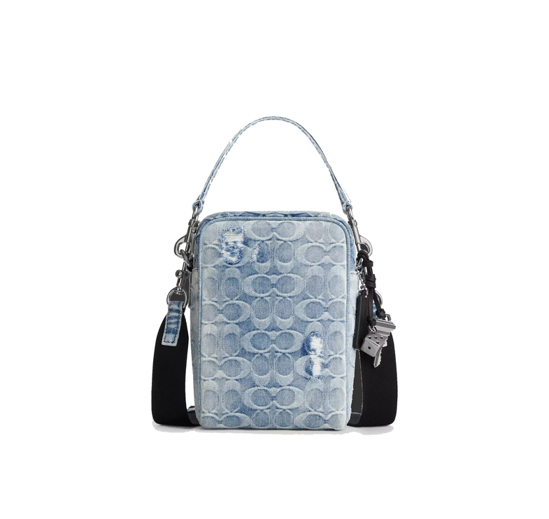Coach Unisex Tristan Crossbody Bag 14 In Loved Signature Denim With Charms Silver/Light Indigo