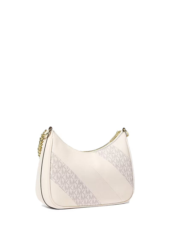 Michael Kors Women's Jet Set Travel Large Signature Logo Trim Convertible Crossbody Bag Light Cream Multi/Gold