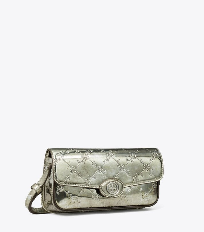 Tory Burch Women's Robinson Floral Metallic Rectangular Shoulder Bag Pewter
