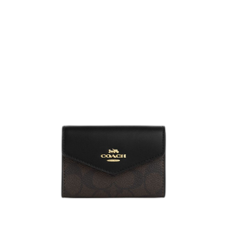 Coach Women's Flap Card Case In Signature Canvas Gold/Walnut/Black