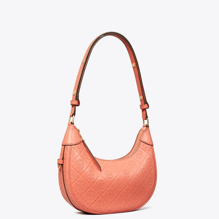 Tory Burch Women's T Monogram Leather Crescent Bag Coral Crush