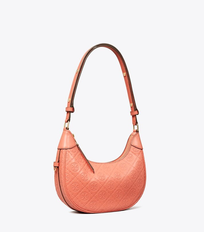 Tory Burch Women's T Monogram Leather Crescent Bag Coral Crush