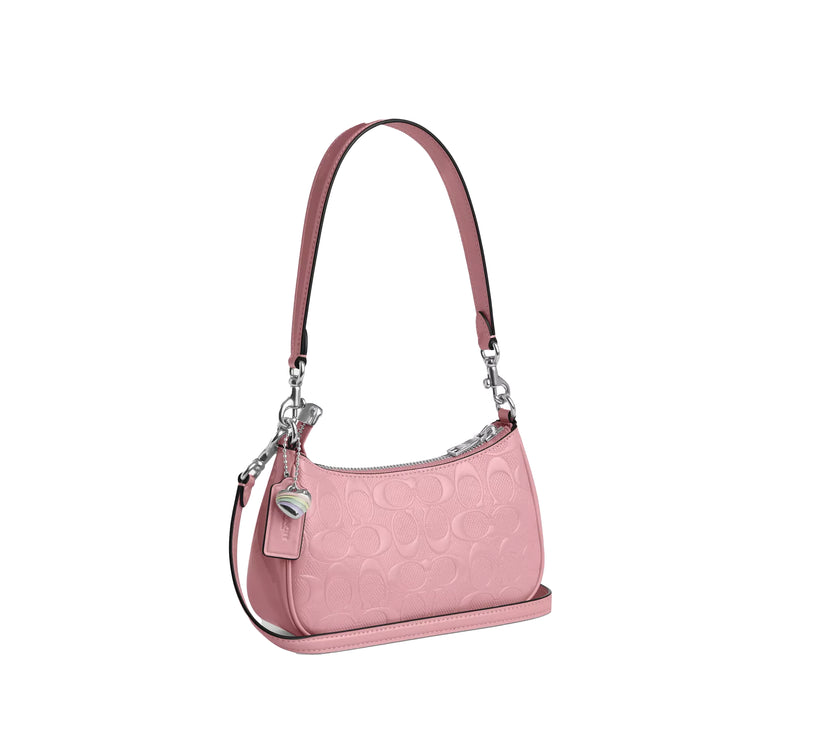 Coach Women's Teri Mini Crossbody Bag In Signature Leather With Heart Charm Silver/Pink