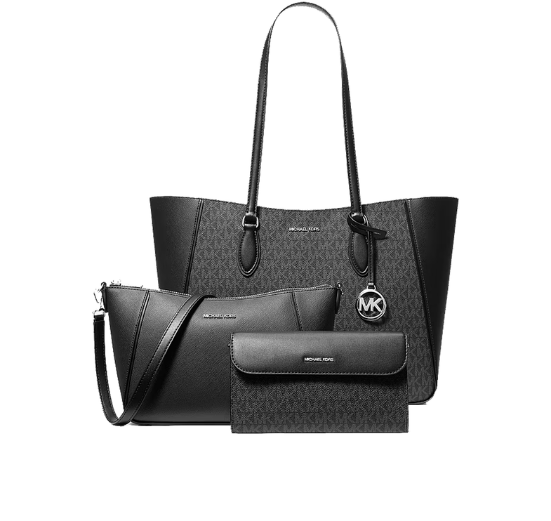 Michael Kors Women's Jet Set Travel Large 3-in-1 Signature Logo Tote Bag Black/Silver