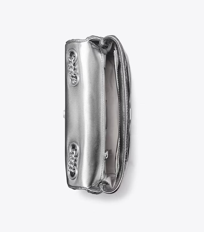 Tory Burch Women's Small Kira Diamond Quilt Metallic Convertible Shoulder Bag Silver