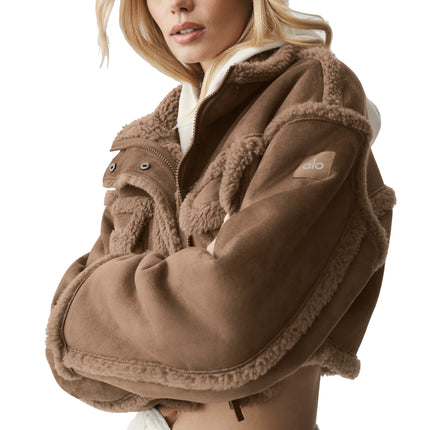 alo Women's Faux Shearling Snowfall Cropped Jacket Java Brown