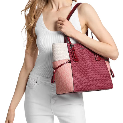 Michael Kors Women's Voyager Large Color-Block Signature Logo Tote Bag Maroon
