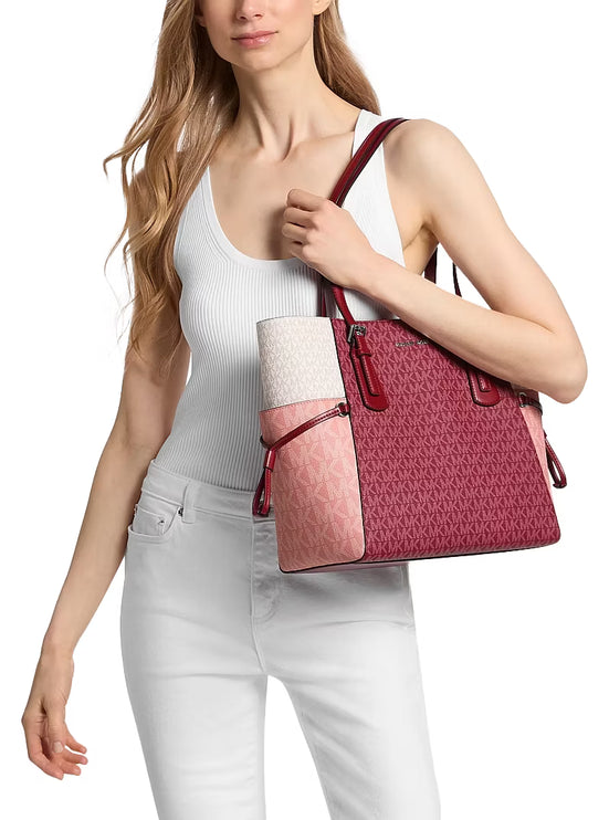 Michael Kors Women's Voyager Large Color-Block Signature Logo Tote Bag Maroon