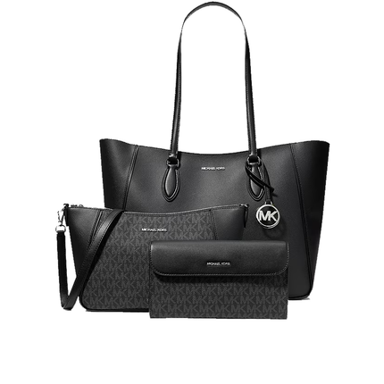 Michael Kors Women's Jet Set Travel Large Smooth and Signature Logo 3-in-1 Tote Bag Black/Silver