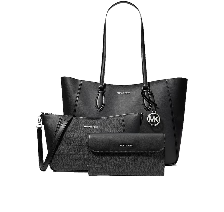 Michael Kors Women's Jet Set Travel Large Smooth and Signature Logo 3-in-1 Tote Bag Black/Silver