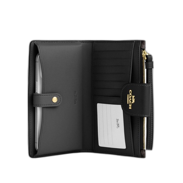 Coach Women's Phone Wallet In Signature Canvas Gold/Walnut/Black