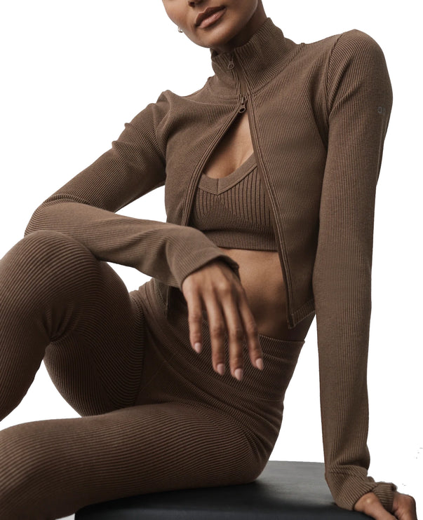 alo Women's Seamless Two Tone Rib Jacket Java Brown