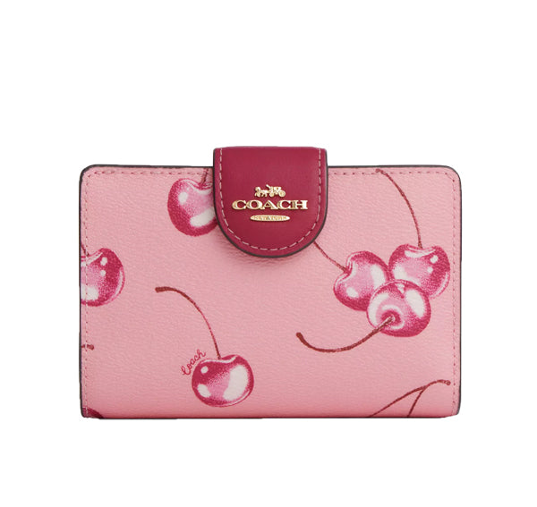 Coach Women's Medium Corner Zip Wallet With Cherry Print Gold/Flower Pink/Bright Violet