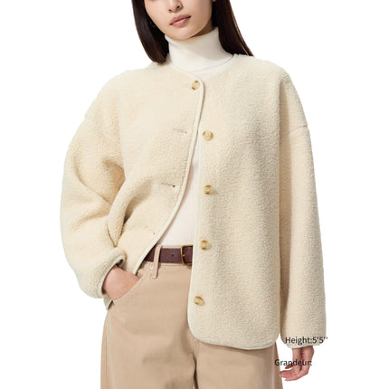 Uniqlo Women's Pile Lined Fleece Relaxed Cardigan 01 Off White