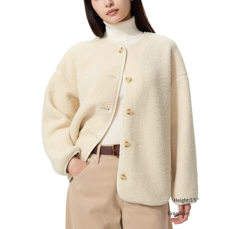 Uniqlo Women's Pile Lined Fleece Relaxed Cardigan 01 Off White