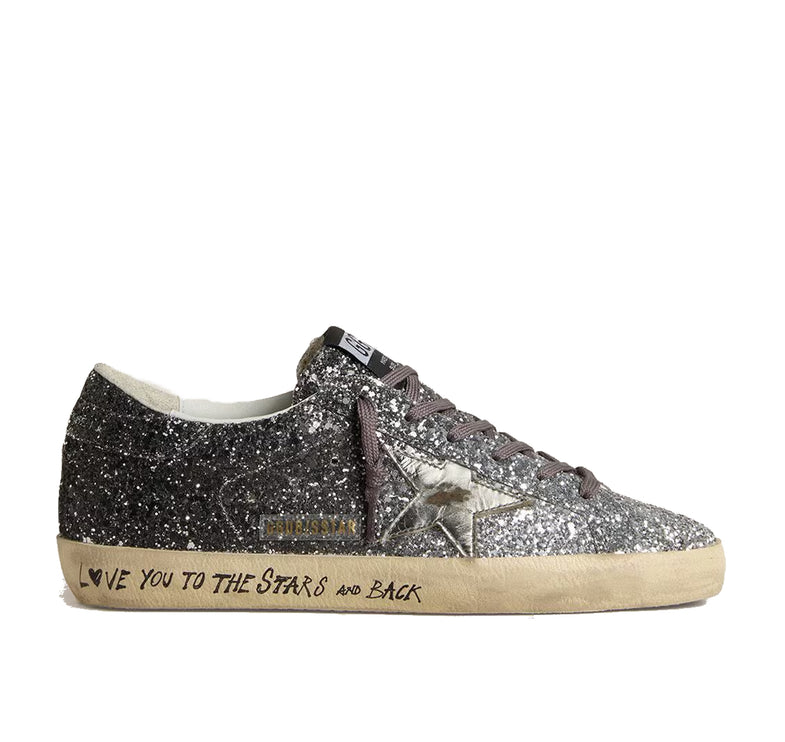 Golden Goose Women's Super Star with Glitter Upper and Silver Metallic Leather Star