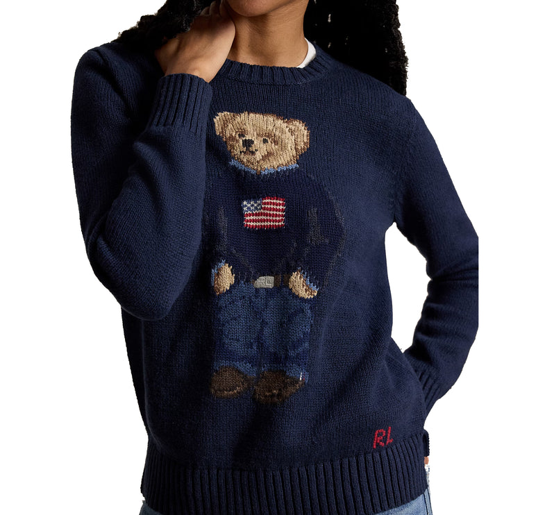 Polo Ralph Lauren Women's Polo Bear Linen-Cotton Crewneck Sweater Navy Multi