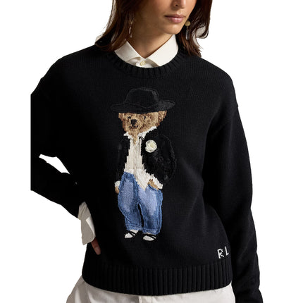 Polo Ralph Lauren Women's Holiday Polo Bear Cotton Crewneck Polo Black