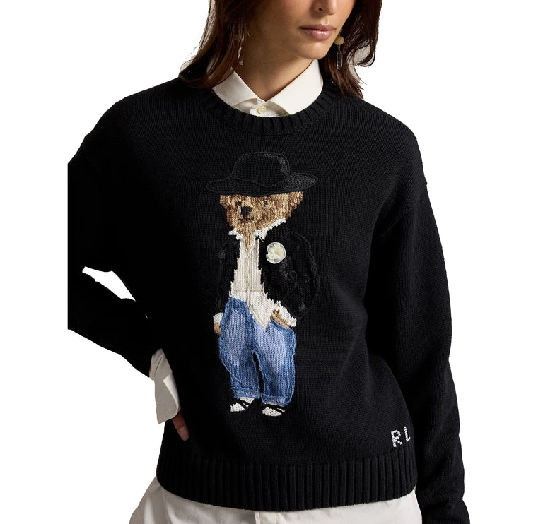 Polo Ralph Lauren Women's Holiday Polo Bear Cotton Crewneck Polo Black