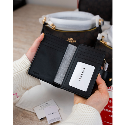Coach Women's Medium Corner Zip Wallet In Signature Canvas Gold/Walnut/Black