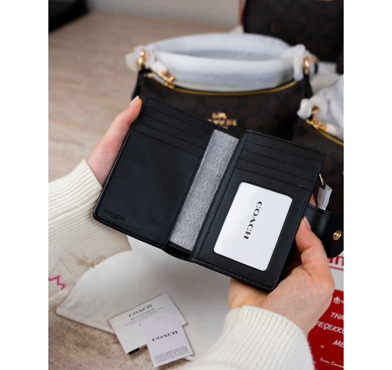 Coach Women's Medium Corner Zip Wallet In Signature Canvas Gold/Walnut/Black