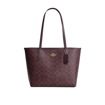 Coach Women's Medium City Tote Bag In Signature Canvas Gold/Black Currant