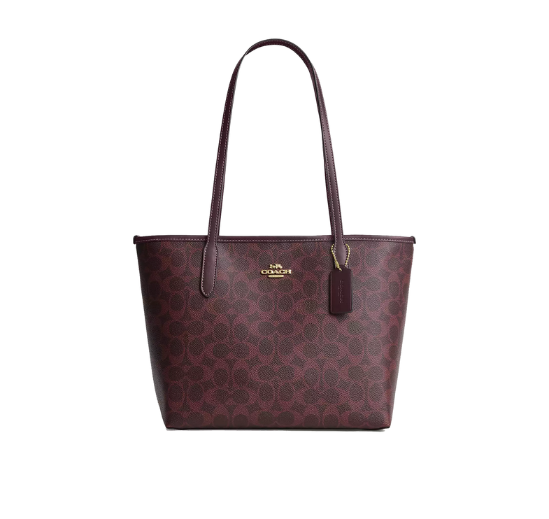 Coach Women's Medium City Tote Bag In Signature Canvas Gold/Black Currant