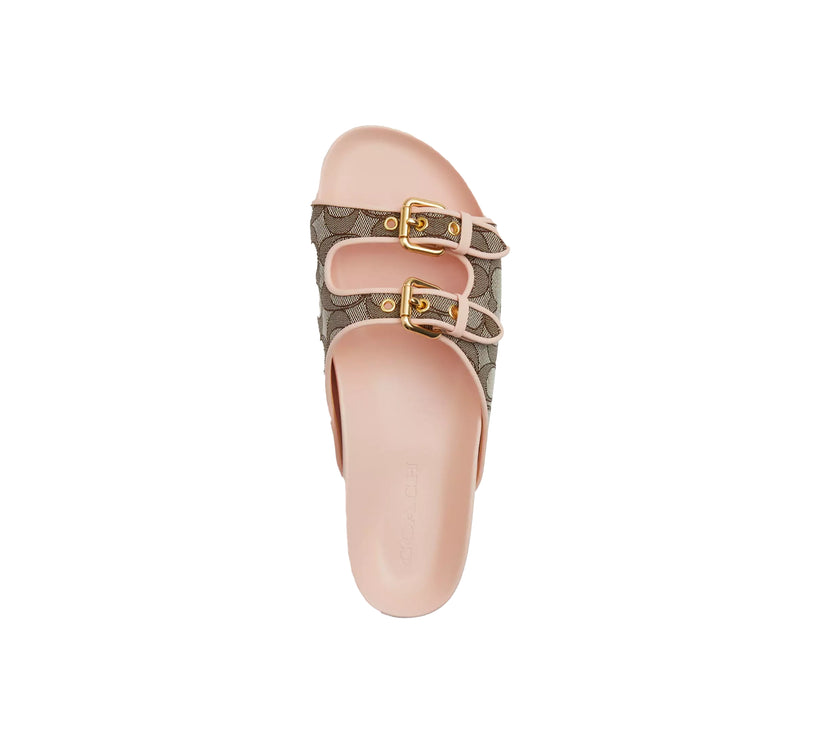 Coach Women's Two Band Buckle Sandal In Signature Jacquard Oak/Candy Pink
