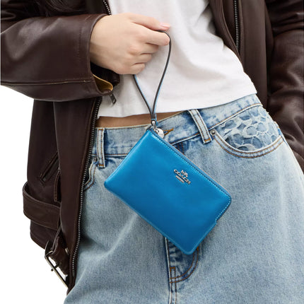 Coach Women's Corner Zip Wristlet Silver/Blue Jay