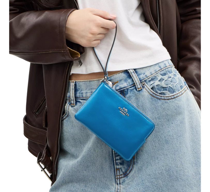 Coach Women's Corner Zip Wristlet Silver/Blue Jay