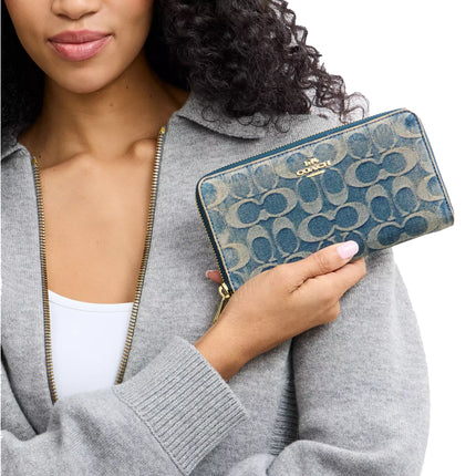 Coach Women's Long Zip Around Wallet In Signature Regenerative Cotton Denim Gold/Denim