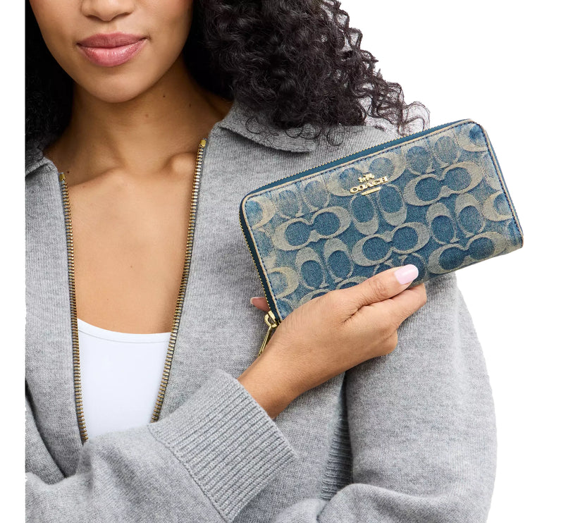 Coach Women's Long Zip Around Wallet In Signature Regenerative Cotton Denim Gold/Denim