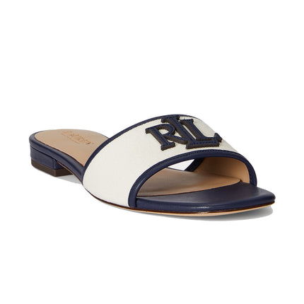 Polo Ralph Lauren Women's Everley Leather-Trim Canvas Slide Sandal Natural/Refined Navy