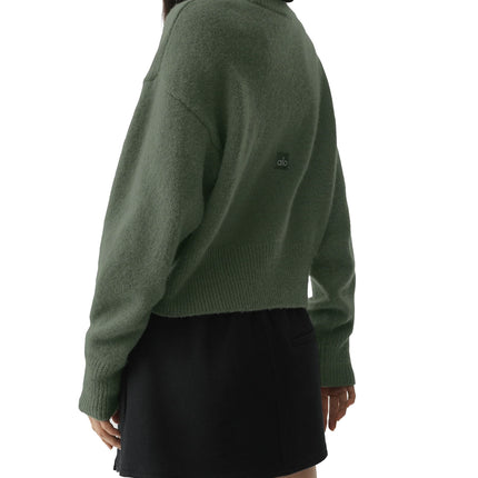alo Women's Wool Cashmere Cropped New Class Crewneck Sweater Bamboo Green
