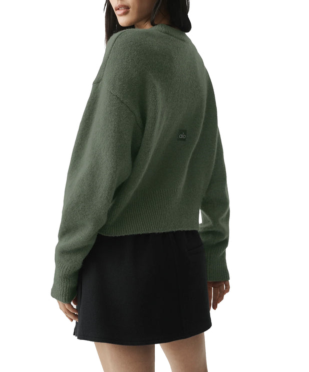 alo Women's Wool Cashmere Cropped New Class Crewneck Sweater Bamboo Green