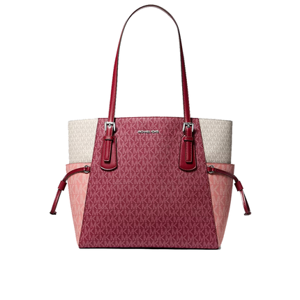 Michael Kors Women's Voyager Large Color-Block Signature Logo Tote Bag Maroon