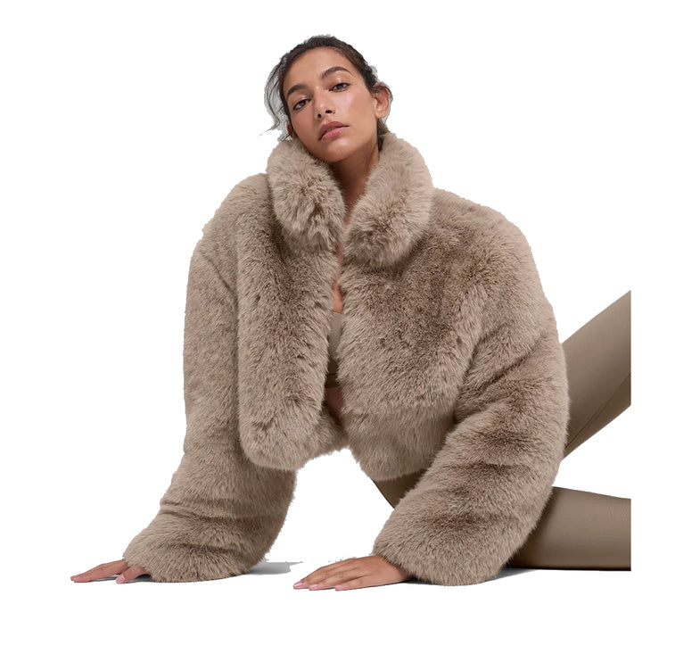 alo Women's Opulent Faux Fur Cropped Jacket Oat